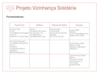 Formecedores:
Food Truck Gráﬁca Oﬁcina de Teatro Escolas
American Way 
E-mail:
contato@americanwaygast
ro.com.br 
Telefone: (21) 97031-2069
M2 Flex 
Rua Betania 63 | Olaria 
Rio de janeiro - RJ 
(21) 3866-9555 |
m2ﬂex@m2ﬂex.com.br
Aline Bourseau 
Coordenação 
Rua Conde de Irajá 253 -
Botafogo 
Tel.: (21) 3172-5201
Escola CEBB  
Berenice 
e-mail: cebb47@gmail.com 
Telefone: 2527-5408
Por do Sol Produções 
contato@pordosolproduco
es.com 
facebook/
pordosolproducoes.rj 
instagram:
@pordosolproducoes
Escola Palmo e Meio 
Marília e Flavia 
Telefones: 2286-0952 /
2286-6519
Escola Favinho de Mel 
Mônica 
Entrará em contato -
Repassaremos as
informações
posteriormente
Projeto Vizinhança Solidária
 