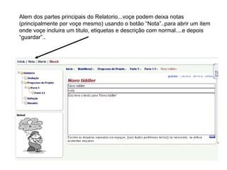 Alem dos partes principais do Relatorio...voçe podem deixa notas (principalmente por voçe mesmo) usando o botão “Nota”..para abrir um item onde voçe incluira um titulo, etiquetas e descrição com normal....e depois “guardar”.. 