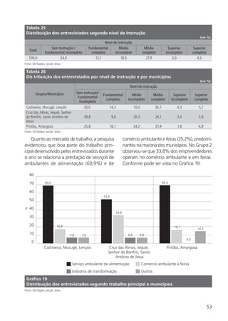 53
Quanto ao mercado de trabalho, a pesquisa
evidenciou que boa parte do trabalho prin-
cipal desenvolvido pelos entrevistados durante
o ano se relaciona à prestação de serviços de
ambulantes de alimentação (60,9%) e de
comércio ambulante e feiras (25,2%), predomi-
nantes na maioria dos municípios. No Grupo 2
observou-se que 33,8% dos empreendedores
operam no comércio ambulante e em feiras.
Conforme pode ser visto no Gráfico 19.
Tabela 26
Dis tribuição dos entrevistados por nível de instrução e por municípios
(em %)
Grupos/Municípios
Nível de instrução
Sem instrução/
Fundamental
incompleto
Fundamental
completo
Médio
incompleto
Médio
completo
Superior
incompleto
Superior
completo
Cachoeira, Mucugê, Lençóis 30,0 14,3 10,0 35,7 4,3 5,7
Cruz das Almas, Jequié, Senhor
do Bonfim, Santo Antônio de
Jesus
39,8 9,0 20,3 24,1 3,0 3,8
Piritiba, Amargosa 25,8 16,1 24,2 27,4 1,6 4,8
Fonte: SEI/Seplan, Secult, Setur.
Tabela 25
Distribuição dos entrevistados segundo nível de Instrução
(em %)
Nível de instrução
Total
Sem Instrução /
Fundamental incompleto
Fundamental
completo
Médio
incompleto
Médio
completo
Superior
incompleto
Superior
completo
100,0 34,0 12,1 18,5 27,9 3,0 4,5
Fonte: SEI/Seplan, Secult, Setur.
Serviço ambulante de alimentação Comércio ambulante e feiras
Indústria de transformação Outros
Cachoeira, Mucugê, Lençóis Cruz das Almas, Jequié,
Senhor do Bonfim, Santo
Antônio de Jesus
Piritiba, Amargosa
0
10
20
30
40
80
50
60
70 69,0
52,6
33,8
6,8 6,8
14,5
0,0
16,1
69,4
16,9
7,0 7,0
%
Gráfico 19
Distribuição dos entrevistados segundo trabalho principal e municípios
Fonte: SEI/Seplan, Secult, Setur.
 