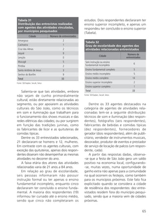 65
Tabela 31
Distribuição das entrevistas realizadas
com agentes das atividades vinculadas,
por municípios pesquisados
Cidade Número de entrevistados
Amargosa 2
Cachoeira 1
Cruz das Almas 2
Jequié 9
Lençóis 0
Mucugê 5
Piritiba 2
Santo Antônio de Jesus 3
Senhor do Bonfim 9
Total 33
Fonte: SEI/Seplan, Secult, Setur.
Salienta-se que tais atividades, embora
não sejam de cunho primordialmente
cultural, estão diretamente relacionadas ao
segmento, ou por apoiarem as atividades
culturais do São João, como os técnicos
em som e iluminação que trabalham para
o funcionamento dos shows musicais e das
redes elétricas das cidades; ou por surgirem
em função das tradições juninas, como
os fabricantes de licor e as quituteiras de
comidas típicas.
Dentre os 33 entrevistados selecionados,
21 declararam-se homens e 12, mulheres.
Em contraste com os agentes culturais, com
exceção das quituteiras, apenas dois respon-
dentes disseram não desempenhar as mesmas
atividades no decorrer do ano.
A faixa etária dos atores das atividades
relacionadas varia de 21 anos a 84 anos.
Em relação ao grau de escolaridade,
seis pessoas informaram não possuir
instrução formal ou ter apenas o ensino
fundamental incompleto, enquanto cinco
declararam ter concluído o ensino funda-
mental. A maioria dos respondentes (19)
informou ter cursado até o ensino médio,
sendo que cinco não completaram os
estudos. Dois respondentes declararam ter
ensino superior incompleto, e apenas um
respondeu ter concluído o ensino superior
(Tabela).
Tabela 32
Grau de escolaridade dos agentes das
atividades relacionadas entrevistados
Cidade
Número de
entrevistados
Sem instrução ou ensino
fundamental incompleto
6
Ensino fundamental completo 5
Ensino médio incompleto 5
Ensino médio completo 14
Ensino superior incompleto 2
Ensino superior completo 1
Total 33
Fonte: SEI/Seplan, Secult, Setur.
Dentre os 33 agentes destacados na
categoria de agentes de atividades rela-
cionadas tem-se a seguinte distribuição:
técnicos de som e iluminação (dez respon-
dentes), fotógrafos (seis respondentes),
fabricantes de bebidas e comidas típicas
(dez respondentes), fornecedores de
gerador (dois respondentes), além de publi-
citário, vendedor de instrumentos musicais,
decorador, produtor de eventos e prestador
de serviço de locação de palcos (um respon-
dente, cada).
A partir das respostas dadas, observa-
-se que a festa de São João gera um saldo
positivo na economia local, configurando-
-se, muitas vezes, numa oportunidade de
ganho extra não apenas para a comunidade
na qual ocorrem os festejos, como também
para os municípios próximos. Este fato fica
explicitado quando se considera a cidade
de residência dos respondentes: dez entre-
vistados residem fora do município pesqui-
sado, sendo que a maioria vem de cidades
próximas.
 