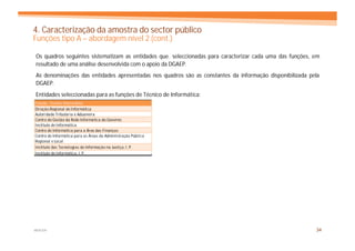 4. Caracterização da amostra do sector público
Funções tipo A – abordagem nível 2 (cont.)

Os quadros seguintes sistematizam as entidades que, seleccionadas para caracterizar cada uma das funções, em
resultado de uma análise desenvolvida com o apoio da DGAEP.
As denominações das entidades apresentadas nos quadros são as constantes da informação disponibilizada pela
DGAEP.
Entidades seleccionadas para as funções de Técnico de Informática:
Função: Técnico Informático
Direção Regional de Informática
Autoridade Tributária e Aduaneira
Centro de Gestão da Rede Informática do Governo
Instituto de Informática
Centro de Informática para a Área das Finanças
Centro de Informática para as Áreas da Administração Pública
Regional e Local
Instituto das Tecnologias de Informação na Justiça, I. P.
Instituto de Informática, I. P.




MERCER                                                                                                    34
 