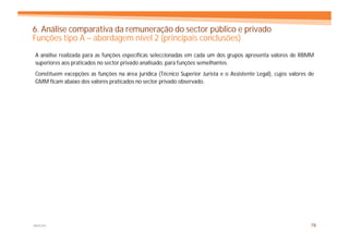 6. Análise comparativa da remuneração do sector público e privado
Funções tipo A – abordagem nível 2 (principais conclusões)
A análise realizada para as funções específicas seleccionadas em cada um dos grupos apresenta valores de RBMM
superiores aos praticados no sector privado analisado, para funções semelhantes.
Constituem excepções as funções na área jurídica (Técnico Superior Jurista e o Assistente Legal), cujos valores de
GMM ficam abaixo dos valores praticados no sector privado observado.




MERCER                                                                                                          76
 