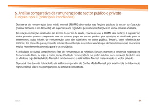6. Análise comparativa da remuneração do sector público e privado
Funções tipo C (principais conclusões)
Os valores de remuneração base média mensal (RBMM) observados nas funções públicas do sector da Educação
(Pessoal Docente e Não Docente) são superiores aos registados pelas mesmas funções no sector privado analisado.
Em relação às funções analisadas no âmbito do sector da Saúde, conclui-se que a RBMM dos médicos é superior no
sector privado quando comparado com os valores pagos no sector público, por oposição ao verificado para os
enfermeiros, cujos valores de remuneração base são superiores no sector público. Importa, com referência aos
médicos, ter presente que o presente estudo não contempla os efeitos salariais que decorrem da revisão da carreira
médica recentemente aprovada para o sector público.
A atribuição de outras componentes fixas de remuneração às referidas funções mantém a tendência registada na
Remuneração Base, ou seja, a maior competitividade remuneratória no sector público, com excepção também para
os Médicos, cujo Ganho Médio Mensal é, também como o Salário Base Mensal, mais elevado no sector privado.
O pessoal não docente foi excluído da análise comparativa do Ganho Médio Mensal, por inexistência de informação
representativa sobre esta componente, na amostra considerada.




MERCER                                                                                                          84
 