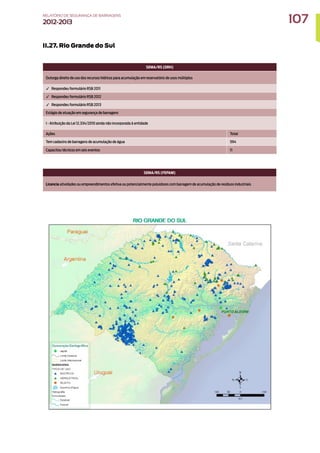 II.27. Rio Grande do Sul
SEMA/RS (DRH)
Outorga direito de uso dos recursos hídricos para acumulação em reservatório de usos múltiplos
✓ Respondeu formulário RSB 2011
✓ Respondeu formulário RSB 2012
✓ Respondeu formulário RSB 2013
Estágio de atuação em segurança de barragens
I - Atribuição da Lei 12.334/2010 ainda não incorporada à entidade
Ações Total
Tem cadastro de barragens de acumulação de água 594
Capacitou técnicos em seis eventos 11
SEMA/RS (FEPAM)
Licencia atividades ou empreendimentos efetiva ou potencialmente poluidores com barragem de acumulação de resíduos industriais
107
RELATÓRIO DESEGURANÇADEBARRAGENS
2012-2013
 