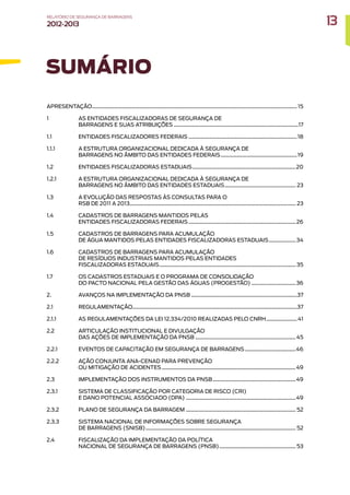 APRESENTAÇÃO��������������������������������������������������������������������������������������������������������������������������������������������������������� 15
1 AS ENTIDADES FISCALIZADORAS DE SEGURANÇA DE
BARRAGENS E SUAS ATRIBUIÇÕES���������������������������������������������������������������������������������������������17
1.1 ENTIDADES FISCALIZADORES FEDERAIS���������������������������������������������������������������������������������18
1.1.1 A ESTRUTURA ORGANIZACIONAL DEDICADA À SEGURANÇA DE
BARRAGENS NO ÂMBITO DAS ENTIDADES FEDERAIS���������������������������������������������������������19
1.2 ENTIDADES FISCALIZADORAS ESTADUAIS�����������������������������������������������������������������������������20
1.2.1 A ESTRUTURA ORGANIZACIONAL DEDICADA À SEGURANÇA DE
BARRAGENS NO ÂMBITO DAS ENTIDADES ESTADUAIS����������������������������������������������������� 23
1.3 A EVOLUÇÃO DAS RESPOSTAS ÀS CONSULTAS PARA O
RSB DE 2011 A 2013���������������������������������������������������������������������������������������������������������������������������� 23
1.4 CADASTROS DE BARRAGENS MANTIDOS PELAS
ENTIDADES FISCALIZADORAS FEDERAIS��������������������������������������������������������������������������������26
1.5 CADASTROS DE BARRAGENS PARA ACUMULAÇÃO
DE ÁGUA MANTIDOS PELAS ENTIDADES FISCALIZADORAS ESTADUAIS��������������������34
1.6 CADASTROS DE BARRAGENS PARA ACUMULAÇÃO
DE RESÍDUOS INDUSTRIAIS MANTIDOS PELAS ENTIDADES
FISCALIZADORAS ESTADUAIS������������������������������������������������������������������������������������������������������ 35
1.7 OS CADASTROS ESTADUAIS E O PROGRAMA DE CONSOLIDAÇÃO
DO PACTO NACIONAL PELA GESTÃO DAS ÁGUAS (PROGESTÃO)���������������������������������36
2. AVANÇOS NA IMPLEMENTAÇÃO DA PNSB�������������������������������������������������������������������������������37
2.1 REGULAMENTAÇÃO��������������������������������������������������������������������������������������������������������������������������37
2.1.1 AS REGULAMENTAÇÕES DA LEI 12.334/2010 REALIZADAS PELO CNRH�����������������������41
2.2 ARTICULAÇÃO INSTITUCIONAL E DIVULGAÇÃO
DAS AÇÕES DE IMPLEMENTAÇÃO DA PNSB���������������������������������������������������������������������������45
2.2.1 EVENTOS DE CAPACITAÇÃO EM SEGURANÇA DE BARRAGENS��������������������������������������46
2.2.2 AÇÃO CONJUNTA ANA-CENAD PARA PREVENÇÃO
OU MITIGAÇÃO DE ACIDENTES����������������������������������������������������������������������������������������������������49
2.3 IMPLEMENTAÇÃO DOS INSTRUMENTOS DA PNSB��������������������������������������������������������������49
2.3.1 SISTEMA DE CLASSIFICAÇÃO POR CATEGORIA DE RISCO (CRI)
E DANO POTENCIAL ASSOCIADO (DPA)����������������������������������������������������������������������������������49
2.3.2 PLANO DE SEGURANÇA DA BARRAGEM���������������������������������������������������������������������������������� 52
2.3.3 SISTEMA NACIONAL DE INFORMAÇÕES SOBRE SEGURANÇA
DE BARRAGENS (SNISB)���������������������������������������������������������������������������������������������������������������� 52
2.4 FISCALIZAÇÃO DA IMPLEMENTAÇÃO DA POLÍTICA
NACIONAL DE SEGURANÇA DE BARRAGENS (PNSB)��������������������������������������������������������� 53
SUMÁRIO
13
RELATÓRIO DESEGURANÇADEBARRAGENS
2012-2013
 