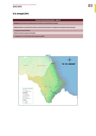 II.3. Amapá (AP)
Secretaria de Estado de Meio Ambiente – SEMA/AP
Outorga direito de uso dos recursos hídricos para acumulação em reservatório de usos múltiplos
Licencia atividades ou empreendimentos efetiva ou potencialmente poluidores com barragem de acumulação de resíduos industriais
✓ Respondeu formulário RSB 2012
Estágio de atuação em segurança de barragens
I - Atribuição da Lei 12.334/2010 ainda não incorporada à entidade
83
RELATÓRIO DESEGURANÇADEBARRAGENS
2012-2013
 
