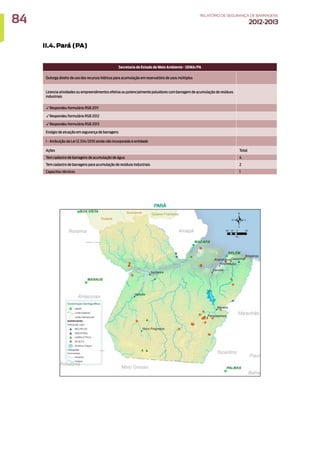 II.4. Pará (PA)
Secretaria de Estado de Meio Ambiente - SEMA/PA
Outorga direito de uso dos recursos hídricos para acumulação em reservatório de usos múltiplos
Licencia atividades ou empreendimentos efetiva ou potencialmente poluidores com barragem de acumulação de resíduos
industriais
✓Respondeu formulário RSB 2011
✓Respondeu formulário RSB 2012
✓Respondeu formulário RSB 2013
Estágio de atuação em segurança de barragens
I - Atribuição da Lei 12.334/2010 ainda não incorporada à entidade
Ações Total
Tem cadastro de barragens de acumulação de água 4
Tem cadastro de barragens para acumulação de resíduos industriais 2
Capacitou técnicos 1
84 RELATÓRIODESEGURANÇADEBARRAGENS
2012-2013
 