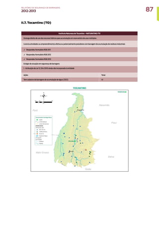 II.7. Tocantins (TO)
Instituto Natureza do Tocantins – NATURATINS/TO
Outorga direito de uso dos recursos hídricos para acumulação em reservatório de usos múltiplos
Licencia atividades ou empreendimentos efetiva ou potencialmente poluidores com barragem de acumulação de resíduos industriais
✓ Respondeu formulário RSB 2011
✓ Respondeu formulário RSB 2012
✓ Respondeu formulário RSB 2013
Estágio de atuação em segurança de barragens
I - Atribuição da Lei 12.334/2010 ainda não incorporada à entidade
Ações Total
Tem cadastro de barragens de acumulação de água (2012) 41
87
RELATÓRIO DESEGURANÇADEBARRAGENS
2012-2013
 