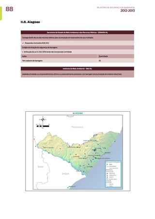 II.8. Alagoas
Secretaria de Estado do Meio Ambiente e dos Recursos Hídricos - SEMARH/AL
Outorga direito de uso dos recursos hídricos para acumulação em reservatório de usos múltiplos
✓ Respondeu formulário RSB 2013
Estágio de atuação em segurança de barragens
I - Atribuição da Lei 12.334/2010 ainda não incorporada à entidade
Ações Quantidade
Tem cadastro de barragens 35
Instituto do Meio Ambiente - IMA/AL
Licencia atividades ou empreendimentos efetiva ou potencialmente poluidores com barragem de acumulação de resíduos industriais
88 RELATÓRIODESEGURANÇADEBARRAGENS
2012-2013
 