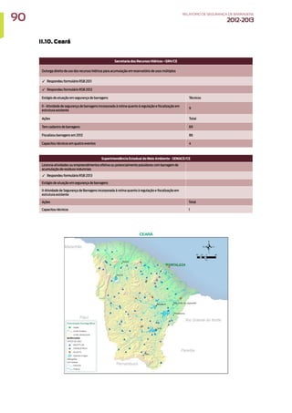 II.10. Ceará
Secretaria dos Recursos Hídricos –SRH/CE
Outorga direito de uso dos recursos hídricos para acumulação em reservatório de usos múltiplos
✓ Respondeu formulário RSB 2011
✓ Respondeu formulário RSB 2012
Estágio de atuação em segurança de barragens Técnicos
II - Atividade de segurança de barragens incorporada à rotina quanto à regulação e fiscalização em
estrutura existente
9
Ações Total
Tem cadastro de barragens 69
Fiscalizou barragens em 2012 86
Capacitou técnicos em quatro eventos 4
Superintendência Estadual do Meio Ambiente - SEMACE/CE
Licencia atividades ou empreendimentos efetiva ou potencialmente poluidores com barragem de
acumulação de resíduos industriais
✓ Respondeu formulário RSB 2013
Estágio de atuação em segurança de barragens
II-Atividade de Segurança de Barragens incorporada à rotina quanto à regulação e fiscalização em
estrutura existente
Ações Total
Capacitou técnicos 1
90 RELATÓRIODESEGURANÇADEBARRAGENS
2012-2013
 