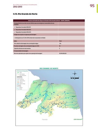II.15. Rio Grande do Norte
Instituto de Gestão das Águas do Estado do Rio Grande do Norte - IGARN (SEMARH)
Outorga direito de uso dos recursos hídricos para acumulação em reservatório de usos
múltiplos
✓ Respondeu formulário RSB 2011
✓ Respondeu formulário RSB 2012
✓ Respondeu formulário RSB 2013
Estágio de atuação em segurança de barragens
I - Atribuição da Lei 12.334/2010 ainda não incorporada à entidade
Ações Total
Tem cadastro de barragens de acumulação de água 234
Fiscalizou barragens de acumulação de água em 2012 33
Capacitou técnicos em seis eventos 11
É empreendedor de barragens
Recursos aplicados para ações de recuperação de barragens R$ 910.855,00
95
RELATÓRIO DESEGURANÇADEBARRAGENS
2012-2013
 