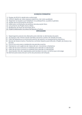 10
AVANÇOS/CONQUISTAS
1) Equipe da SEJUV é dedicada e esforçada
2) A SEJUV dispõe de vários espaços esportivos, de muita qualidade
3) Organizar as equipes que trabalham nos poliesportivos, quadras e ginásios
4) Horário de funcionamento da SEJUV
5) Edital para contratação do professor de educação física
6) Lançamento do Projeto Aluno Atleta
7) Realização da Festa do Município 2019
8) Projetos elaborados nas áreas de Esporte e Cultura
DIFICULDADES
1) Organograma precisa de alteração para atender as demandas da pasta
2) Os espaços não vinham sendo mentidos da forma correta. EX: Estádio Enocão,
3) Falta de bebedouros e iluminação precisa de reparos nos equipamentos esportivos
4) Banda de Música inativa. Precisamos contratar Maestro para difundir o Projeto de Música nas
Escolas.
5) Poucos recursos para a realização de grandes eventos
6) Precisamos com urgência de caixas de som, microfones e Datashow
7) Falta de recursos humanos e materiais para atender as solicitações
8) Falta de recursos humanos e materiais para atender as solicitações
9) Associações não são organizadas para receber recursos, na forma que a lei exige
10) Demora para executar por conta dos processos de licitação
 