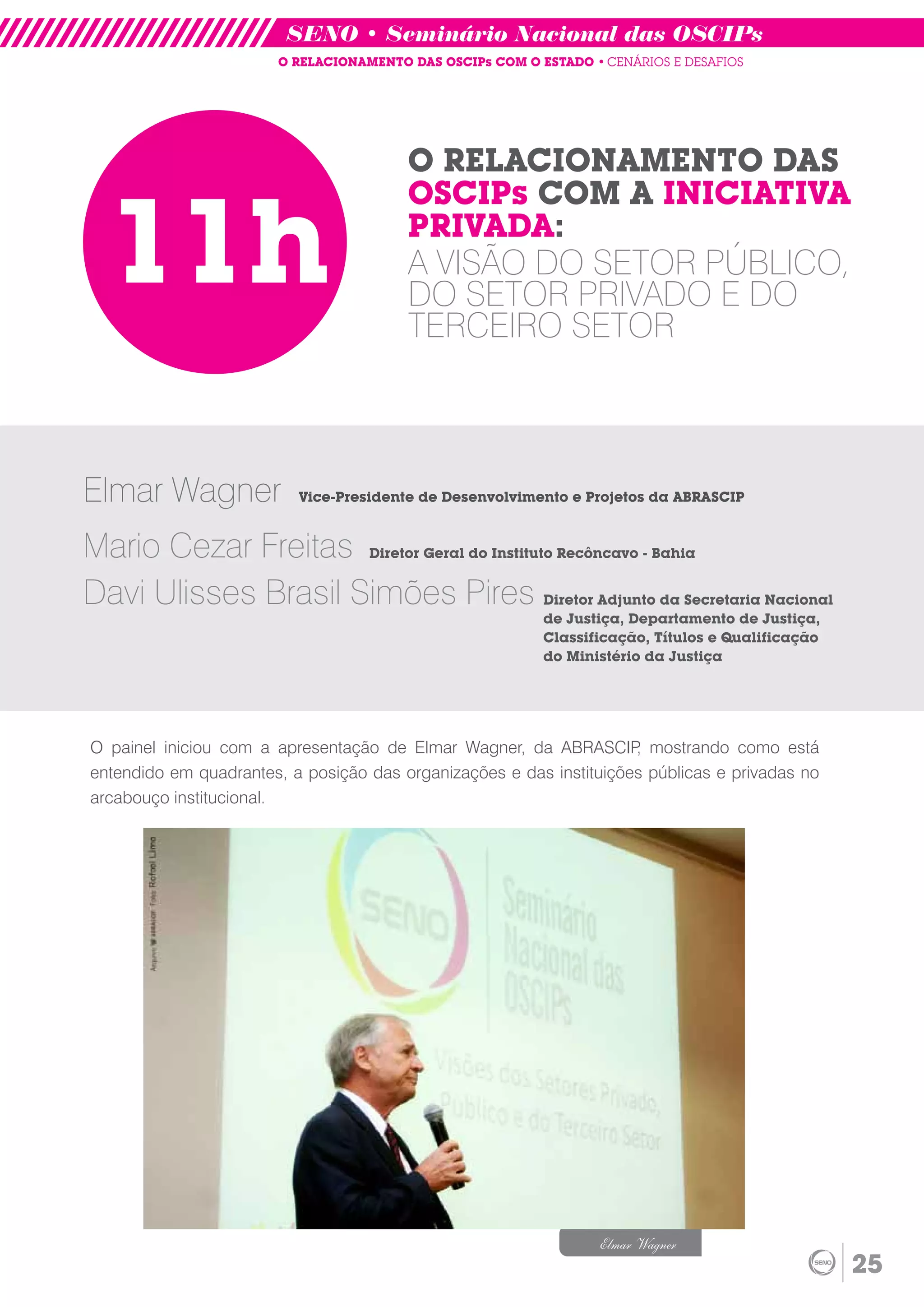 SENO • Seminário Nacional das OSCIPs
                       O RELACIONAMENTO DAS OSCIPs COM O ESTADO • CENÁRIOS E DESAFIOS




                                        O RELACIONAMENTO DAS


  11h
                                        OSCIPs COM A INICIATIVA
                                        PRIVADA:
                                        A VISÃO DO SETOR PÚBLICO,
                                        DO SETOR PRIVADO E DO
                                        TERCEIRO SETOR



Elmar Wagner              Vice-Presidente de Desenvolvimento e Projetos da ABRASCIP


Mario Cezar Freitas Diretor Geral do Instituto Recôncavo - Bahia
Davi Ulisses Brasil Simões Pires Diretor Adjunto da Secretaria Nacional
                                                          de Justiça, Departamento de Justiça,
                                                          Classificação, Títulos e Qualificação
                                                          do Ministério da Justiça




O painel iniciou com a apresentação de Elmar Wagner, da ABRASCIP mostrando como está
                                                                     ,
entendido em quadrantes, a posição das organizações e das instituições públicas e privadas no
arcabouço institucional.




                                                                 Elmar Wagner
                                                                                                  25
 