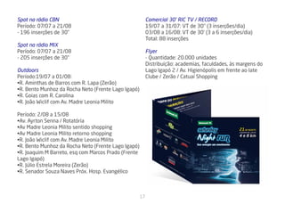 Spot na rádio CBN                                          Comercial 30’ RIC TV / RECORD
Período: 07/07 a 21/08                                     19/07 a 31/07: VT de 30’’ (3 inserções/dia)
- 196 inserções de 30”                                     03/08 a 16/08: VT de 30’ (3 a 6 inserções/dia)
                                                           Total: 88 inserções
Spot na rádio MIX
Período: 07/07 a 21/08                                     Flyer
- 205 inserções de 30”                                     - Quantidade: 20.000 unidades
                                                           Distribuição: academias, faculdades, às margens do
Outdoors                                                   Lago Igapó 2 / Av. Higienópolis em frente ao Iate
Período:19/07 a 01/08:                                     Clube / Zerão / Catuaí Shopping
•R. Aminthas de Barros com R. Lapa (Zerão)
•R. Bento Munhoz da Rocha Neto (Frente Lago Igapó)
•R. Goias com R. Carolina
•R. João Wiclif com Av. Madre Leonia Milito

Período: 2/08 a 15/08
•Av. Ayrton Senna / Rotatória
•Av Madre Leonia Milito sentido shopping
•Av Madre Leonia Milito retorno shopping
•R. João Wiclif com Av. Madre Leonia Milito
•R. Bento Munhoz da Rocha Neto (Frente Lago Igapó)
•R. Joaquim M Barreto, esq com Marcos Prado (Frente
Lago Igapó)
•R. Júlio Estrela Moreira (Zerão)
•R. Senador Souza Naves Próx. Hosp. Evangélico



                                                      17
 