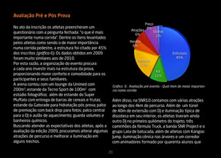 Avaliação Pré e Pós Prova
                                                                                    Preço
No ato da inscrição os atletas preencheram um                                        8%
                                                                         Atrações           Outros
questionário com a pergunta fechada: “o que é mais                          6%               1%
importante numa corrida”. Dentre os itens levantados
pelos atletas como sendo o de maior importância                         Horario
                                                                         6%
numa corrida pedestre, a estrutura foi citado por 45%
dos inscritos (gráfico 6). Os dados obtidos em 2009                                                  Estrutura
foram muito similares aos de 2010.                                                                     45%
                                                                             Percurso
Por esta razão, a organização do evento procura                                21%
a cada ano investir mais na estrutura da prova,
                                                                                             Kit
proporcionando maior conforto e comodidade para os                                          11%
participantes e seus familiares.
A arena contou com um lounge da Unimed com                   Gráfico 6: Avaliação pré evento - Qual item de maior importan-
200m2; estande da Tecno Sport de 100m2 com                   cia noma corrida
estúdio fotográfico; além de estande do Super
Muffato com entrega de barras de cereais e frutas;       Além disso, na SNR10 contamos com várias atrações
estande da Gatorade para hidratação pós prova; palco     ao longo dos 4km de percurso. Além de um túnel
de premiação com back drop para fotos; palco central     de 40m de extensão com DJ e iluminação típica de
para o DJ e aulão de aquecimento; guarda volumes e       discoteca em seu interior, os atletas tiveram ainda
banheiros químicos.                                      outro DJ no primeiro quilómetro do trajeto, três
Buscando atender as expectativas dos atletas, após a     caminhões da fórmula Truck, a banda SNR Project e o
avaliação da edição 2009, procuramos alterar algumas     grupo Lata de batucada, além de atletas com Kangoo
atrações de percurso e melhorar a iluminação em          Jump, iluminação cênica nas árvores e um corredor
alguns trechos.                                          com animadores formado por quarenta alunos que

                                                        20
 