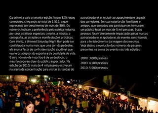Da primeira para a terceira edição, foram 323 novos   patrocinadores e assistir ao aquecimento e largada
corredores, chegando ao total de 1.312, o que         dos corredores. Em sua maioria são familiares e
representa um crescimento de mais de 30%. Os          amigos, que somados aos participantes formaram
números indicam a preferência pela corrida noturna,   um público total de mais de 5 mil pessoas. Essas
por seus atrativos especiais: a noite, a música, a    pessoas foram diretamente impactadas pelas marcas
cenografia, as atrações e manifestações artísticas.   patrocinadores e apoiadoras do evento, contribuindo
Com efeito, a Unimed Saturday Night Run pode ser      para o fortalecimento da imagem das mesmas.
considerada muito mais que uma corrida pedestre,      Veja abaixo a evolução dos números de pessoas
ela é uma festa de confraternização saudável que      presentes na arena do evento nas três edições:
reune os adeptos do esporte e da qualidade de vida.
E se o número de inscritos é de se destacar, o        2008: 3.000 pessoas
mesmo pode-se dizer do público espectador. Na
                                                      2009: 4.100 pessoas
edição de 2010, mais de 4 mil pessoas estiveram
                                                      2010: 5.500 pessoas
na arena de concentração para visitar as tendas do
 