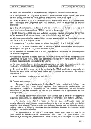 RF A- 67/CENIPA/2009 PR - MBK 17 JUL 2007
95/122
nn. Até a data do acidente, a pista principal de Congonhas não dispunha de RESA;
oo. A pista principal de Congonhas apresentou, durante muito tempo, baixos coeficientes
de atrito e irregularidades na sua superfície, ensejando o acúmulo de água;
pp. Em 10 de abril de 2006, a ANAC reconheceu a necessidade de que o operador tivesse,
para a operação em Congonhas com pista molhada, todos os reversores de empuxo
operantes;
qq. O órgão fiscalizador não detectou a falta de comunicação de falhas recorrentes e de
maus funcionamentos prevista no RBHA 21 por parte do operador;
rr. Em 29 de junho de 2007, deu-se a volta das operações na pista principal de Congonhas,
após a recuperação de seu pavimento, mas antes da feitura do "grooving";
ss. Não houve precipitações pluviométricas durante as operações em Congonhas entre os
dias 29 de junho e 14 de julho de 2007;
tt. O aeroporto de Congonhas operou sob chuva dos dias 15, 16 e 17 de julho de 2007;
uu. No dia 16 de julho, uma aeronave de transporte regular acidentou-se ao aquaplanar
sobre a pista principal de Congonhas durante o pouso;
vv. No momento do acidente com o JJ3054, registrava-se um volume de precipitação de
0,6 mm em Congonhas;
ww. No dia do acidente, a própria aeronave PR-MBK já havia pousado na pista principal de
Congonhas por duas vezes, tendo sido o primeiro pouso às 11:11 horas (JJ3701), quando
o volume de precipitação registrado foi de 1,5 mm;
xx. As obras realizadas no terminal de passageiros e no pátio de estacionamento não
receberam, formalmente, a autorização prévia estabelecida na IAC 2328-0790; e
yy. Em abril de 2008, uma norma foi emitida pela ANAC proibindo a operação em
Congonhas com pista molhada caso todos os reversores da aeronave não estejam
disponíveis; e
zz. A aeronave ficou completamente destruída.
3.2 Fatores contribuintes
De acordo com a regulamentação do SIPAER, fator contribuinte é definido como
uma condição (ato, fato, ou combinação deles) que, aliada a outras, em seqüência ou como
conseqüência, favorece a ocorrência de um acidente aeronáutico, de um incidente
aeronáutico ou de uma ocorrência de solo, ou que contribui para o agravamento de suas
conseqüências.
Os fatores contribuintes classificam-se de acordo com a área de abordagem da
segurança operacional, que poderá ser a de Fatores Humanos ou a de Fatores Materiais.
A seguir, serão listados todos os fatores cuja contribuição pode ser
comprovadamente estabelecida, independentemente do grau na qual esta contribuição
tenha se materializado. Também serão apontados os fatores cuja contribuição, embora
possível, não tenha tido uma comprovação estabelecida ao longo da investigação, sendo
indicados como indeterminados.
A regulamentação do SIPAER estabelece, ainda, que cada um dos fatores
(contribuintes e indeterminados) identificados seja objeto de, pelo menos, uma
recomendação de segurança operacional. Desta maneira, todo e qualquer fator que tenha
 