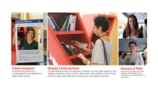Humans of TEDx
Proposta de interação entre as
pessoas. Participantes eram
convidados a se apresentarem e
interagirem
Frame Instagram
Incentivava as pessoas a
compartilharem sua experiência
pelas redes sociais
Doação e troca de livros
Os participantes foram convidados à trazerem um livro para doação como
ingresso simbólico para o evento. Além disso, eles puderam trocam livros
entre si e levar para casa livros outros livros que estavam parados
 