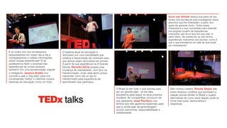 O sistema atual de educação é
dominado por uma mentalidade que
enfatiza a transmissão de conteúdo para
que alunos sejam aprovados em provas.
A partir de sua experiência na A Grande
Escola, Ricardo Dória propõe uma
mudança de mentalidade, com foco na
transformação, onde cada aluno possa
responder como ele ou ela foi
transformado pela experiência de
aprendizado que participou.
Aruni van Amstel dedica boa parte de seu
tempo fora da sala de aula investigando sobre
assuntos que lhe interessam, a partir dos
quais ele aprende muito. Todos esses
interesses e a sua curiosidade para entendê-
los surgiram a partir de experiências
marcantes que Aruni teve em sua vida. A
partir disso, ele questiona: se não temos
experiências marcantes nas escolas, como é
que o que estudamos em sala de aula pode
ser interessante?
O Brasil já tem tudo o que precisa para
ser um grande país - só lhe falta
autoestima para seguir os seus próprios
modelos. Ao compartilhar um pouco de
sua sabedoria, José Pacheco nos
lembra dos três aspectos essenciais para
que a construção da aprendizagem
ocorra: autonomia, responsabilidade e
solidariedade.
Sem muitos rodeios, Rosely Sayão fala
sobre diversos conflitos que permeiam a
relação escola-família no Brasil e sugere
alternativas de como essa relação pode se
torna mais justa, democrática e
respeitosa.
E se todos nós nos tornássemos
pesquisadores em nosso dia-a-dia e
começássemos e coletar informações
sobre nossas experiências? E se
pudéssemos fazer o dowload das
experiências de outras pessoas
também? Em uma apresentação original
e inteligente, Jessica Artiles nos
convida a usar a “big data” para nos
compreender melhor e melhorar nossos
sistemas de educação como um todo.
TEDx talks
 