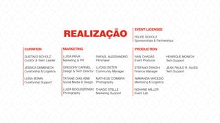 REALIZAÇÃO
CURATION
GUSTAVO SCHOLZ
Curator & Team Leader
JÉSSICA DEMENECK
Curatorship & Logistics
LUÍSA BONIN
Curatorship Support
MARKETING
LUÍSA PAIVA
Marketing & PR
GREGORY CARNIEL
Design & Tech Director
TATIANE DIAS ABIB
Social Media & Design
LUIZA BOGUSZEWSKI
Photography
PRODUCTION
IVAN CHAGAS
Event Producer
STEFANO DRAGHI
Finance Manager
AMMANDA MACEDO
Mentoring & Logistics
NOHANE MILLER
Event Lab
EVENT LICENSEE
FELIPE SCHOLZ
Sponsorships & Partnerships
RAFAEL ALESSANDRO
Filmmaker
LUCAS DIETER
Community Manager
MATHEUS COIMBRA
Photography
THIAGO STELLE
Marketing Support
HENRIQUE MONICH
Tech Support
JEAN PAULO R. ALVES
Tech Support
 