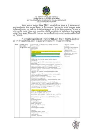 MJ – SERVIÇO PÚBLICO FEDERAL
DEPARTAMENTO DE POLÍCIA FEDERAL
SUPERINTENDÊNCIA REGIONAL NO ESTADO DO PARANÁ
DELEFIN/DRCOR/SR/DPF/PR
18
Logo após o tópico “Nota PRC”, há referência sobre a “ir estrangeiro”,
acompanhados dos nomes Ramon e Sonnenberg (não sendo ainda possível suas
individualizações por carência de dados), assumir ser diretor de empresa no Panamá e
movimentar conta, neste caso especifico não há como informar se trata-se de empresa
estranha ao grupo Odebrecht, visto que o grupo Odebrecht possui representação oficial
no Panamá.
A anotação registrada sob o número 4923, com data de 09/2013, desdobra-
se em diversos temas, sobre os quais foram realizados breves comentários.
4923 Hora de início:
09/01/2013
02:00:00(UTC+0)
Assunto: GM: (11-98389-8141)? Pedido especifico
blindagem JEC.
Assistentes:
Localização:
Detalhes:
Liberar p/Feira pois meu pessoal não fica sabendo. Deixar
predios com Vaca
Para Edinho visão da conta toda inclusive o gasto com
Haddad
MRF: dizer do risco cta suíça chegar campanha dela? E
com
Adams não abrir mão de receber faturas Brenco,
pendências
(compilado agenda GM) mostrando que estamos sendo
esprimidos!
Limite pos italia/Glosa/Indiciamento e Nafta. Financ PO vs
custo. conta Gana. Prazo divida AGRO vs NM. Glosas
Petrobras. Desoneração PPPs. Pacote pós Copa.
Ingressos Itaquera. Financiamentos. CIDE. Ciencia sem
fronteira? CID.
Recursos BB p/GERJ. Torres. Medidas estruturais.
27/6 Ed:
• avisar das glosas PB e curtos circuitos e preocupação
como os compromissos abaixo
• vamos avisar as pessoas e combinar o prazo
(dificuldades de logística)
• alinhamos que ele operaria e qd procurássemos direto
mencionaríamos o nome dele
• Compromissos de reunião : Feira (5+5/7), Euripes
Junior/PROS (5/7), Lupi (2/7), Marcos Pereira/PRB (5/7),
Fabio Tokassky/PCdoB (3+4/7): total participantes 20 + 9
• CANCELADO: PR/Antonio Rodrigues (17/7), PP/Ciro
(10/7) e PSD/GK (10/7) + MT
40 para vaca (parte para Feira)
Lucro Ext. Supervia. Prosub? Esposa. .
Nome Receita (NM?). CID. Prosub
LC Angola. Nafta. Creditos PIS/COFINS Agro. CIDE. Fin
Outorga. Levar agenda provisoes 2014. DGIs predios.
Estre.
PL Project Finance
Creditos Eletro
IPI clientes Braskem
CIDE: com Marcio
Aero: Meet 6ª com Hereda
Torres: ok
Project Finance: meet 6ª
Receita:
Nota sobre demais temas
IR Exterior (meet Gerdau e Itau)
Nome receita
Gasolina: ainda nao
Categoria: Tarefas
Lembrete:
Prioridade: Desconhecido
Status: Desconhecido
Classe: Normal
Repetir dia: Nenhuma
Repetir regra: Nenhuma
Repetir intervalo: 0
Repetir até:
 