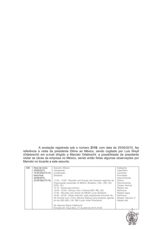 MJ – SERVIÇO PÚBLICO FEDERAL
DEPARTAMENTO DE POLÍCIA FEDERAL
SUPERINTENDÊNCIA REGIONAL NO ESTADO DO PARANÁ
DELEFIN/DRCOR/SR/DPF/PR
25
do crescimento do Brasil e as prioridades do próximo governo.
Só vale se for para mandar recados. Caso contrário,
declinamos com tranquilidade.
Obrigado,
Abs,
De: Zaccaria Junior
Enviada em: terça-feira, 5 de agosto de 2014 18:58
Para: Sergio Bourroul
Cc: Leonardo Sa de Seixas Maia; Elea Cassettari Almeida
Assunto: pedido da Folha de S.Paulo
Sérgio, David da Folha me procurou. Ele informou que o jornal
vai aproveitar o período pré-eleitoral para discutir o futuro do
país por meio de uma série de entrevistas com os principais
empresários brasileiros. Eles devem abordar quais serão os
desafios do próximo governo, independente de quem venha a
ser eleito, para o país voltar a crescer, recuperar o otimismo,
atacar os gargalos que , segundo eles, “impedem o país de
deslanchar”. Palavras do David: “A ideia é publicar uma
entrevista por semana, como parte de uma série, e
preparamos uma lista com os empresários mais respeitados
do país. O jornal gostaria muito de contar a seus leitores o
que o Marcelo Odebrecht pensa disso. A retomada do
crescimento passa por mais investimentos e portanto pelo
setor de infraestrutura e a Odebrecht tem tido um papel
central nessa área. Nossa ideia é começar a publicar as
entrevistas já no início deste mês. Estamos convidando
Roberto Setúbal, Luiz Carlos Trabuco, Murilo Ferreira, Abilio
Diniz, Pedro Passos, entre outros. Mas é uma lista restrita.”
Sérgio, acrescentando, David contou ainda que o secretário
de redação, Vinicius Mota, passou na mesa dele dia desses
para falar das entrevistas e perguntou: “E o Marcelo
Odebrecht, que seria a cereja do bolo?”. Mais uma vez,
palavras do David: “Queria que vocês soubessem e reafirmar
que uma entrevista com ele teria espaço nobre e seria bem
tratada”.
Abs,
Zacca
A anotação registrada sob o número 2110, com data de 25/05/2015, faz
referência a visita da presidente Dilma ao México, sendo cogitado por Luis Weyll
(Odebrecht) em e-mail dirigido a Marcelo Odebrecht, a possibilidade da presidente
visitar as obras da empresa no México, sendo então feitas algumas observações por
Marcelo no tocante a este assunto.
538 Hora de início:
25/05/2015
14:00:00(UTC+0)
Hora final:
25/05/2015
23:00:00(UTC+0)
Assunto: Mexico
Assistentes:
Localização:
Detalhes:
11:00 - 13:00 - Reunião com Equipe dos diversos negócios da
Organização presentes no México: Braskem, OAL, OEI, OA,
OOG, OLI
13:15 - Saída para almoço
14:00 - 16:00 - Almoço com o Cliente (MO, RB, LW)
17:00 - Reunião com sócios da IDESA Local: Braskem
18:00 - 20:00 - Neste intervalo, está programado encontro de
30 minutos com o Emb. Marcos Raposo para atualizar agenda
do dia 26/5 (MO, LW, RB) Local: Hotel Presidente
De: Marcelo Bahia Odebrecht
Enviada em: terça-feira, 21 de abril de 2015 20:56
Categoria:
Calendário
Lembrete:
Prioridade:
Desconhecido
Status:
Desconhecido
Classe: Normal
Repetir dia:
Nenhuma
Repetir regra:
Nenhuma
Repetir intervalo: 0
Repetir até:
 