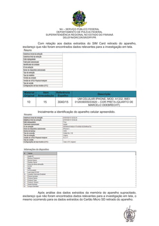 MJ – SERVIÇO PÚBLICO FEDERAL
DEPARTAMENTO DE POLÍCIA FEDERAL
SUPERINTENDÊNCIA REGIONAL NO ESTADO DO PARANÁ
DELEFIN/DRCOR/SR/DPF/PR
30
Com relação aos dados extraídos do SIM Card retirado do aparelho,
esclareço que não foram encontrados dados relevantes para a investigação em tela.
Material
Original
Item
Arrecadação
Referência
Espelho
Descrição
10 15 3040/15
UM CELULAR IPHONE, MOD. A1332, IMEI:
012839005033920 – COR PRETA (QUARTO DE
MARCELO ODEBRECHT)
Inicialmente a identificação do aparelho celular apreendido.
Após análise dos dados extraídos da memória do aparelho supracitado,
esclareço que não foram encontrados dados relevantes para a investigação em tela, o
mesmo ocorrendo para os dados extraídos do Cartão Micro SD retirado do aparelho.
 
