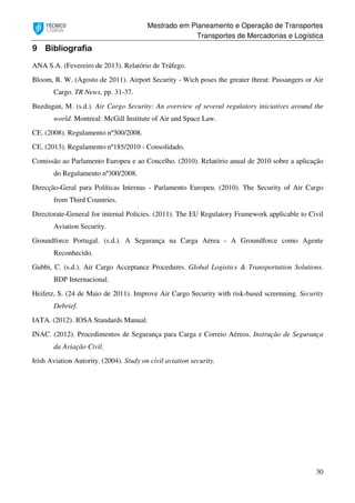Mestrado em Planeamento e Operação de Transportes
Transportes de Mercadorias e Logística
30
9 Bibliografia
ANA S.A. (Fevereiro de 2013). Relatório de Tráfego.
Bloom, R. W. (Agosto de 2011). Airport Security - Wich poses the greater threat: Passangers or Air
Cargo. TR News, pp. 31-37.
Buzdugan, M. (s.d.). Air Cargo Security: An overview of several regulatory iniciatives around the
world. Montreal: McGill Institute of Air and Space Law.
CE. (2008). Regulamento nº300/2008.
CE. (2013). Regulamento nº185/2010 - Consolidado.
Comissão ao Parlamento Europeu e ao Concelho. (2010). Relatório anual de 2010 sobre a aplicação
do Regulamento nº300/2008.
Direcção-Geral para Políticas Internas - Parlamento Europeu. (2010). The Security of Air Cargo
from Third Countries.
Directorate-General for internal Policies. (2011). The EU Regulatory Framework applicable to Civil
Aviation Security.
Groundforce Portugal. (s.d.). A Segurança na Carga Aérea - A Groundforce como Agente
Reconhecido.
Gubbi, C. (s.d.). Air Cargo Acceptance Procedures. Global Logistics & Transportation Solutions.
BDP Internacional.
Heifetz, S. (24 de Maio de 2011). Improve Air Cargo Security with risk-based screenning. Security
Debrief.
IATA. (2012). IOSA Standards Manual.
INAC. (2012). Procedimentos de Segurança para Carga e Correio Aéreos. Instrução de Segurança
da Aviação Civil.
Irish Aviation Autority. (2004). Study on civil aviation security.
 