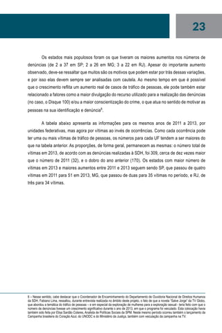 23
Os estados mais populosos foram os que tiveram os maiores aumentos nos números de
denúncias (de 2 a 37 em SP; 2 a 26 em MG; 3 a 22 em RJ). Apesar do importante aumento
observado, deve-se ressaltar que muitos são os motivos que podem estar por trás dessas variações,
e por isso elas devem sempre ser analisadas com cautela. Ao mesmo tempo em que é possível
que o crescimento reflita um aumento real de casos de tráfico de pessoas, ele pode também estar
relacionado a fatores como a maior divulgação do recurso utilizado para a realização das denúncias
(no caso, o Disque 100) e/ou a maior conscientização do crime, o que atua no sentido de motivar as
pessoas na sua identificação e denúncia6
.
A tabela abaixo apresenta as informações para os mesmos anos de 2011 a 2013, por
unidades federativas, mas agora por vítimas ao invés de ocorrências. Como cada ocorrência pode
ter uma ou mais vítimas de tráfico de pessoas, os números para cada UF tendem a ser maiores do
que na tabela anterior. As proporções, de forma geral, permanecem as mesmas: o número total de
vítimas em 2013, de acordo com as denúncias realizadas à SDH, foi 309, cerca de dez vezes maior
que o número de 2011 (32), e o dobro do ano anterior (170). Os estados com maior número de
vítimas em 2013 e maiores aumentos entre 2011 e 2013 seguem sendo SP, que passou de quatro
vítimas em 2011 para 51 em 2013, MG, que passou de duas para 35 vítimas no período, e RJ, de
três para 34 vítimas.
6 – Nesse sentido, cabe destacar que o Coordenador de Encaminhamento do Departamento de Ouvidoria Nacional de Direitos Humanos
da SDH, Fabiano Lima, ressaltou, durante entrevista realizada no âmbito deste projeto, o fato de que a novela “Salve Jorge” da TV Globo,
que abordou a temática do tráfico de pessoas – e em especial da exploração de mulheres para a exploração sexual - teria feito com que o
número de denúncias tivesse um crescimento significativo durante o ano de 2013, em que o programa foi veiculado. Esta colocação havia
também sido feita por Elisa Sardão Colares, Analista de Políticas Sociais da SPM. Neste mesmo período ocorreu também o lançamento da
Campanha brasileira do Coração Azul, do UNODC e do Ministério da Justiça, também com veiculação da campanha na TV.
 