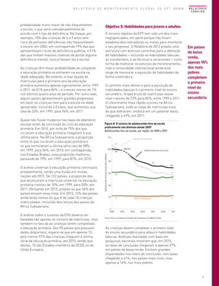 R E L A T Ó R I O D E M O N I T O R A M E N T O G L O B A L D E E P T 2013/4

As crianças têm maior probabilidade de completar
a educação primária se entrarem na escola na
idade adequada. No entanto, a taxa líquida de
matrículas para o primeiro ano da educação
primária aumentou apenas ligeiramente, entre 1999
e 2011, de 81% para 86% – e cresceu menos de 1%
nos últimos quatro anos do período. Por outro lado,
alguns países apresentaram grandes progressos
em fazer as crianças irem para a escola na idade
apropriada, incluindo a Etiópia, que aumentou sua
taxa de 23%, em 1999, para 94%, em 2011.
Quase não houve mudança nas taxas de abandono
escolar antes da conclusão do ciclo da educação
primária. Em 2010, por volta de 75% dos que
iniciaram a educação primária chegaram à sua
última série. Na África Subsaariana, a proporção
entre os que iniciaram a educação primária e
os que terminaram a última série caiu de 58%,
em 1999, para 56%, em 2010; em contrapartida,
nos Estados Árabes, essa proporção melhorou,
passando de 79%, em 1999, para 87%, em 2010.
O acesso universal à educação primária continuará,
provavelmente, sendo uma ilusão em muitas
nações até 2015. De 122 países, a proporção dos
que alcançaram a matrícula universal na educação
primária cresceu de 10%, em 1999, para 50%, em
2011. Pensando em 2015, projeta-se que 56% dos
países atinjam essa meta. Em 2015, 12% dos países
ainda terão menos do que 8 de cada 10 crianças
matriculadas, incluindo dois terços dos países da
África Subsaariana.
A análise sobre o sucesso da EPU deveria ser
baseada não apenas no número de matrículas, mas
também no fato de as crianças terem completado
a educação primária. Dos 90 países que possuem
dados disponíveis, espera-se que em apenas 13,
pelo menos 97% das crianças cheguem à última
série da educação primária, até 2015, sendo que
destes, 10 são Estados-membros da OCDE ou da
União Europeia.

Objetivo 3: Habilidades para jovens e adultos
O terceiro objetivo da EPT tem sido um dos mais
negligenciados, em parte porque não foram
estabelecidos indicadores ou metas para monitorar
o seu progresso. O Relatório de 2012 propôs uma
estrutura com diversos caminhos para a obtenção
de habilidades – incluindo as habilidades básicas,
as transferíveis, e as técnicas e vocacionais – como
forma de melhorar os esforços de monitoramento,
mas a comunidade internacional ainda está
longe de mensurar a aquisição de habilidades de
forma sistemática.
O caminho mais efetivo e para a aquisição de
habilidades básicas é o primeiro nível do ensino
secundário. A taxa bruta de matrículas nesse
nível cresceu de 72% para 82%, entre 1999 e 2011.
O crescimento mais rápido ocorreu na África
Subsaariana, onde as taxas de matrículas mais
do que dobraram, embora em um patamar baixo,
chegando a 49%, em 2011.

Em países
de baixa
renda,
apenas 14%
dos mais
pobres
completam
o primeiro
nível do
ensino
secundário.

Figura 4: O número de adolescentes fora da escola
praticamente não diminuiu desde 2007
Adolescentes fora da escola, por região, de 1999 a 2011
120

Crianças fora da escola

107
100

Adolescentes fora da escola (em milhões)

probabilidade muito maior de não frequentarem
a escola, o que varia consideravelmente de
acordo com o tipo de deficiência. No Iraque, por
exemplo, 10% das crianças de 6 a 9 anos sem
risco de portarem deficiências não frequentavam
a escola, em 2006, em contrapartida 19% das que
apresentavam riscos de deficiência auditiva, e 51%
das que tinham maiores chances de portar alguma
deficiência mental, nunca haviam ido à escola.

R E L AT Ó R I O
CONCISO

101

Mundo

Adolescentes fora da escola

80

60

73

69
57

40
Sul e Oeste da Ásia

31

África Subsaariana

22

40

20

0
1999

22

2001

2003

2005

2007

2009

2011

Fonte: Banco de dados do Instituto de Estatísticas da UNESCO (UIS).

As crianças devem completar o primeiro nível
do ensino secundário para adquirir habilidades
básicas. Análises realizadas com base em
pesquisas nacionais mostram que, em 2010,
as taxas de conclusão chegaram a apenas 37%
em países de baixa renda. Existem grandes
disparidades nos níveis de conclusão, com taxas
chegando a 61%, nos países mais ricos, mas
apenas a 14%, nos mais pobres.

9

 