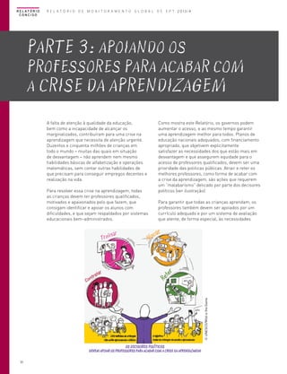R E L AT Ó R I O
CONCISO

R E L A T Ó R I O D E M O N I T O R A M E N T O G L O B A L D E E P T 2013/4

PARTE 3: Apoiando os

professores para acabar com
a crise da aprendizagem
A falta de atenção à qualidade da educação,
bem como a incapacidade de alcançar os
marginalizados, contribuíram para uma crise na
aprendizagem que necessita de atenção urgente.
Duzentos e cinquenta milhões de crianças em
todo o mundo – muitas das quais em situação
de desvantagem – não aprendem nem mesmo
habilidades básicas de alfabetização e operações
matemáticas, sem contar outras habilidades de
que precisam para conseguir empregos decentes e
realização na vida.

Para garantir que todas as crianças aprendam, os
professores também devem ser apoiados por um
currículo adequado e por um sistema de avaliação
que atente, de forma especial, às necessidades

© UNESCO/Wild is the Game

Para resolver essa crise na aprendizagem, todas
as crianças devem ter professores qualificados,
motivados e apaixonados pelo que fazem, que
consigam identificar e apoiar os alunos com
dificuldades, e que sejam respaldados por sistemas
educacionais bem-administrados.

Como mostra este Relatório, os governos podem
aumentar o acesso, e ao mesmo tempo garantir
uma aprendizagem melhor para todos. Planos de
educação nacionais adequados, com financiamento
apropriado, que objetivem explicitamente
satisfazer as necessidades dos que estão mais em
desvantagem e que assegurem equidade para o
acesso de professores qualificados, devem ser uma
prioridade das politicas públicas. Atrair e reter os
melhores professores, como forma de acabar com
a crise da aprendizagem, são ações que requerem
um “malabarismo” delicado por parte dos decisores
políticos (ver ilustração).

30

 
