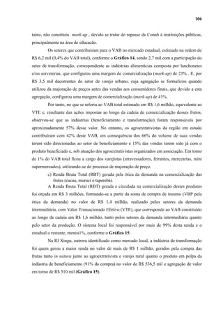 106


tanto, não constituiu mark-up , devido se tratar do repasse da Conab à instituições públicas,
principalmente na área de educacão.
        Os setores que contribuíram para o VAB no mercado estadual, estimado na ordem de
R$ 6,2 mil (0,4% do VAB total), conforme o Gráfico 14, sendo 2,7 mil com a participação do
setor de transformação, correspondente as indústrias alimentícias composta por lanchonetes
e/ou sorveterias, que configurou uma margem de comercialização (mark-up) de 23% . E, por
R$ 3,5 mil decorrentes do setor de varejo urbano, cuja agregação se formalizou quando
utilizou da majoração de preços antes das vendas aos consumidores finais, que devido a esta
agregação, configurou uma margem de comercialização (mark-up) de 43%.
        Por tanto, no que se referiu ao VAB total estimado em R$ 1,6 milhão, equivalente ao
VTE e, resultante das ações impostas ao longo da cadeia de comercialização desses frutos,
observou-se que as indústrias (beneficiamento e transformação) foram responsáveis por
aproximadamente 57% desse valor. No entanto, os agroextrativistas da região em estudo
contribuíram com 42% deste VAB, em consequência dos 66% do volume de suas vendas
terem sido direcionadas ao setor de beneficiamento e 15% das vendas terem sido já com o
produto beneficiado e, sob atuação dos agroextrativistas organizados em associação. Em torno
de 1% do VAB total ficou a cargo dos varejistas (atravessadores, feirantes, mercearias, mini
supermercados), utilizando-se do processo de majoração de preço.
        c) Renda Bruta Total (RBT) gerada pela ótica da demanda na comercialização das
           frutas (cacau, muruci e taperebá).
        A Renda Bruta Total (RBT) gerada e circulada na comercialização destes produtos
foi orçada em R$ 3 milhões, formando-se a partir da soma de compra de insumo (VBP pela
ótica da demanda) no valor de R$ 1,4 milhão, realizado pelos setores da demanda
intermediária, com Valor Transacionado Efetivo (VTE), que corresponde ao VAB constituído
ao longo da cadeia em R$ 1,6 milhão, tanto pelos setores da demanda intermediária quanto
pelo setor da produção. O sistema local foi responsável por mais de 99% desta renda e o
estadual o restante, menos1%, conforme o Gráfico 15.
        Na RI Xingu, outrora identificado como mercado local, a indústria de transformação
foi quem gerou a maior renda no valor de mais de R$ 1 milhão, gerados pela compra das
frutas tanto in natura junto ao agroextrativista e varejo rural quanto o produto em polpa da
indústria de beneficiamento (91% da compra) no valor de R$ 536,5 mil e agregação de valor
em torno de R$ 510 mil (Gráfico 15).
 