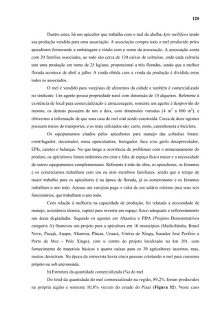 120


        Dentre estes, há um apicultor que trabalha com o mel da abelha Apis mellifera tendo
sua produção vendida para uma associação. A associação compra todo o mel produzido pelos
apicultores fornecendo a embalagem e rótulo com o nome da associação. A associação conta
com 20 famílias associadas, ao todo são cerca de 120 caixas de colméias, onde cada colméia
tem uma produção em torno de 25 kg/ano, proporcional a três floradas, sendo que a melhor
florada acontece de abril a julho. A renda obtida com a venda da produção é dividida entre
todos os associados.
        O mel é vendido para varejistas de alimentos da cidade e também é comercializado
no sindicato. Um agente possui propriedade rural com dimensão de 10 alqueires. Referente à
existência de local para comercialização e armazenagem, somente um agente é desprovido do
mesmo, os demais possuem de um a dois, com dimensões variadas (4 m2 a 800 m2), e
obtivemos a informação de que uma casa de mel está sendo construída. Cerca de doze agentes
possuem meios de transportes, e os mais utilizados são: carro, moto, caminhoneta e bicicleta.
        Os equipamentos citados pelos apicultores para manejo das colméias foram:
centrifugador, decantador, mesa operculadora, fumigador, faca e/ou garfo desoperculador,
EPIs, carotes e balanças. No que tange a ocorrência de problemas com o armazenamento do
produto, os apicultores foram unânimes em citar a falta de espaço físico maior e a necessidade
de outros equipamentos complementares. Referente à mão de obra, os apicultores, os feirantes
e os comerciantes trabalham com um ou dois membros familiares, sendo que o tempo de
maior trabalho para os apicultores é na época de florada, já os comerciantes e os feirantes
trabalham o ano todo. Apenas um varejista paga o valor de um salário mínimo para seus seis
funcionários, que trabalham o ano todo.
        Com relação à melhoria na capacidade de produção, foi relatada a necessidade de
manejo, assistência técnica, capital para investir em espaço físico adequado e reflorestamento
nas áreas degradadas. Segundo os agentes em Altamira o PDA (Projetos Demonstrativos
categoria A) financiou um projeto para a apicultura em 10 municípios (Medicilândia, Brasil
Novo, Pacajá, Anapu, Altamira, Placas, Uruará, Vitória do Xingu, Senador José Porfírio e
Porto de Moz - Pólo Xingu), com o centro do projeto localizado no km 201, com
fornecimento de materiais básicos e quatro caixas para os 30 agricultores inscritos, mas,
muitos desistiram. Na época da entrevista havia cinco pessoas coletando o mel para consumo
próprio ou sob encomenda.
        b) Estrutura da quantidade comercializada (%) do mel.
        Do total da quantidade do mel comercializado na região, 89,2% foram produzidos
na própria região e somente 10,8% vieram do estado do Piauí (Figura 32). Neste caso
 