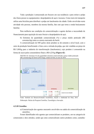 137


            Toda a produção é armazenada em freezers em sua residência e para retirar a polpa
dos frutos possui os equipamentos: despolpadeira de açaí e tesouras. Como meio de transporte
utiliza uma bicicleta para distribuir a polpa em lanchonetes da cidade. Estão envolvidas nesta
atividade três pessoas, membros da mesma família, fato este que torna a renda basicamente
familiar.
            Para melhoria nas condições de comercialização o agente declara a necessidade de
financiamento para aquisição de mais freezer e despolpadeira de açaí.
            b) Estrutura da quantidade comercializada (%) e preço médio praticado (R$
               correntes/kg) entre os setores mercantis do buriti.
            A comercialização de 840 quilos deste produto se dá somente a nível local, com o
setor da produção beneficiando o fruto com a retirada da polpa, que são vendidas ao preço de
R$ 5,00/kg para a indústria de transformação (lanchonetes), cujo produto é consumido na
forma de sucos pelos consumidores finais a R$ 6,25/kg (Figura 42).
            FIGURA 42- Estrutura (%) da quantidade amostral comercializada e preço médio praticado
            (R$ correntes/kg) do buriti na RI Xingu, estado do Pará, no ano de 2010.




            Fonte: Instituto de Desenvolvimento Econômico, Social e Ambiental do Pará, 2011.
            Elaboração: Núcleo de Pesquisa Científica, Tecnológica e Inovação.


4.3.18 Utensílios
            a) Caracterização dos agentes mercantis envolvidos na cadeia de comercialização de
               utensílios.
            Foram identificados três agentes que comercializam os produtos, um na categoria de
comerciante e dois artesãos, sendo que estes comercializam outros produtos como, castanha-
 