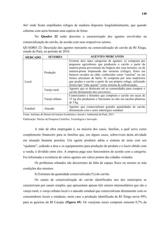 148


4m² onde ficam empilhados refugos de madeira dispostos longitudinalmente, que quando
cobertas com areia formam uma espécie de forno.
          No Quadro 22 estão descritas a caracterização dos agentes envolvidos na
comercialização do carvão, de acordo com seus respectivos setores.
QUADRO 22- Descrição dos agentes mercantis na comercialização do carvão da RI Xingu,
estado do Pará, no período de 2010.
 MERCADO              SETORES                             AGENTES MERCANTIS
                                        Existem dois tipos categorias de agentes: a) composta por
                                        pequenos agricultores que produzem o carvão a partir da
                                        matéria-prima proveniente da limpeza dos seus terrenos, ou da
                  Produção              matéria-prima dispensada das serrarias (refugo), feitos em
                                        buracos cavados no chão, conhecidos como “caieiras” ou em
                                        fornos artesanais de barro. b) composta por uma madeireira
 Local                                  que produz o carvão a partir de seu próprio refugo, utilizando
                                        fornos tipo “rabo quente” como sistema de carbonização;
                  Varejo rural          Agentes que se deslocam até as comunidades para comprar o
                                        carvão diretamente dos carvoeiros;
                                        Comerciantes e feirantes que compram o carvão em sacas de
                  Varejo urbano         15 kg dos produtores e fracionam ou não em sacolas plásticas
                                        de 5 kg.
                                        Agentes que comercializam grandes quantidades de carvão
 Estadual         Atacado
                                        diretamente com o setor siderúrgico estadual.
Fonte: Instituto de Desenvolvimento Econômico, Social e Ambiental do Pará, 2011.
Elaboração: Núcleo de Pesquisa Científica, Tecnológica e Inovação.


          A mão de obra empregada é, na maioria dos casos, familiar, a qual serve como
complemento financeiro para as famílias que, em alguns casos, sobrevivem desta atividade
em situação bastante precária. Um agente produtor adota o sistema de meia com seu
“ajudante”, cedendo a área e os equipamentos para produção do produto e o lucro obtido com
a venda, é dividido entre eles. A empresa paga seus funcionários de acordo com a categoria.
Foi informada a existência de vários agentes em vários pontos das cidades visitadas.
          Os problemas relatados são decorrentes da falta de espaço físico ou mesmo as más
condições dos mesmos.
          b) Estrutura da quantidade comercializada (%) do carvão.
          Os canais de comercialização do carvão identificados nos dez municípios se
caracterizam por canais simples, que apresentam apenas três setores intermediários que são o
varejo rural, o varejo urbano local e o atacado estadual que comercializam diretamente com os
consumidores locais e estaduais, neste caso a produção identificada da RI Xingu envia 99%
para as guseiras da RI Carajás (Figura 49). Os varejistas rurais compram somente 0,7% da
 