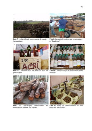 193




Foto 7- Lenha utilizada para produção do carvão   Foto 8- Carreteiro levando o açaí in natura para
(nas caieiras).                                   os “batedores”.




Foto 9- Comercialização da polpa do açaí em Foto 10- Comercialização de leite,copaíba, mel e
garrafas pets.                              andiroba.




Foto 11- Unha-de-gato comercializada          no Foto 12- Ponto de comercialização de ervas
município de Senador José Porfírio.              medicinal em Altamira.
 