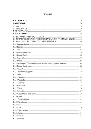 SUMÁRIO


1 INTRODUÇÃO ................................................................................................................... 25
2 OBJETIVOS ........................................................................................................................ 26
2.1 GERAL ............................................................................................................................... 26
2.2 ESPECÍFICOS ................................................................................................................... 26
3 METODOLOGIA................................................................................................................ 27
4 RESULTADOS .................................................................................................................... 36
4.1 REGIÃO DE INTEGRAÇÃO XINGU .............................................................................. 36
4.2 INFRAESTRUTURA DE COMERCIALIZAÇÃO DOS PFNM NA RI XINGU ............ 38
4.3 ANÁLISE DAS CADEIAS DE COMERCIALIZAÇÃO .................................................. 40
4.3.1 Cacau amêndoa ................................................................................................................ 42
4.3.2 Urucum ............................................................................................................................ 54
4.3.3 Açaí .................................................................................................................................. 63
4.3.4 Castanha-do-brasil ........................................................................................................... 76
4.3.5 Cacau (fruto) .................................................................................................................... 88
4.3.6 Taperebá .......................................................................................................................... 93
4.3.7 Muruci ............................................................................................................................. 97
4.3.8 Análise pela Ótica da Oferta das Frutas (Cacau, Taperebá e Muruci) .......................... 101
4.3.9 Plantas Medicinais ......................................................................................................... 108
4.3.10 Copaíba ........................................................................................................................ 112
4.3.11 Artesanato Regional .................................................................................................... 116
4.3.12 Mel ............................................................................................................................... 118
4.3.13 Palmito ......................................................................................................................... 122
4.3.14 Andiroba ...................................................................................................................... 124
4.3.15 Cupuaçu ....................................................................................................................... 128
4.3.16 Borracha ...................................................................................................................... 134
4.3.17 Buriti ............................................................................................................................ 136
4.3.18 Utensílios ..................................................................................................................... 137
4.3.19 Castanha-do-brasil óleo ............................................................................................... 139
4.3.20 Leites ........................................................................................................................... 141
4.3.21 Óleo de Piquiá ............................................................................................................. 143
4.3.22 Breu-branco ................................................................................................................. 144
4.3.23 Carvão .......................................................................................................................... 146
4.3.24 Uxi ............................................................................................................................... 150
4.3.25 Açaí (semente) ............................................................................................................. 151
4.3.26 Bacaba ......................................................................................................................... 154
4.3.27 Bacuri .......................................................................................................................... 155
4.3.28 Pupunha ....................................................................................................................... 157
 