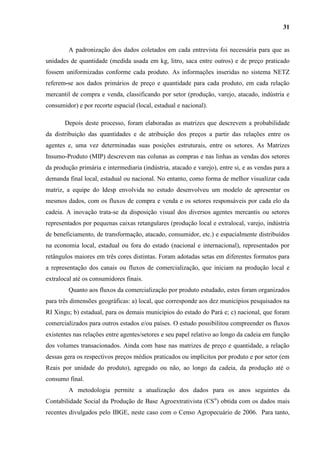 31


         A padronização dos dados coletados em cada entrevista foi necessária para que as
unidades de quantidade (medida usada em kg, litro, saca entre outros) e de preço praticado
fossem uniformizadas conforme cada produto. As informações inseridas no sistema NETZ
referem-se aos dados primários de preço e quantidade para cada produto, em cada relação
mercantil de compra e venda, classificando por setor (produção, varejo, atacado, indústria e
consumidor) e por recorte espacial (local, estadual e nacional).

       Depois deste processo, foram elaboradas as matrizes que descrevem a probabilidade
da distribuição das quantidades e de atribuição dos preços a partir das relações entre os
agentes e, uma vez determinadas suas posições estruturais, entre os setores. As Matrizes
Insumo-Produto (MIP) descrevem nas colunas as compras e nas linhas as vendas dos setores
da produção primária e intermediaria (indústria, atacado e varejo), entre si, e as vendas para a
demanda final local, estadual ou nacional. No entanto, como forma de melhor visualizar cada
matriz, a equipe do Idesp envolvida no estudo desenvolveu um modelo de apresentar os
mesmos dados, com os fluxos de compra e venda e os setores responsáveis por cada elo da
cadeia. A inovação trata-se da disposição visual dos diversos agentes mercantis ou setores
representados por pequenas caixas retangulares (produção local e extralocal, varejo, indústria
de beneficiamento, de transformação, atacado, consumidor, etc.) e espacialmente distribuídos
na economia local, estadual ou fora do estado (nacional e internacional), representados por
retângulos maiores em três cores distintas. Foram adotadas setas em diferentes formatos para
a representação dos canais ou fluxos de comercialização, que iniciam na produção local e
extralocal até os consumidores finais.
         Quanto aos fluxos da comercialização por produto estudado, estes foram organizados
para três dimensões geográficas: a) local, que corresponde aos dez municípios pesquisados na
RI Xingu; b) estadual, para os demais municípios do estado do Pará e; c) nacional, que foram
comercializados para outros estados e/ou países. O estudo possibilitou compreender os fluxos
existentes nas relações entre agentes/setores e seu papel relativo ao longo da cadeia em função
dos volumes transacionados. Ainda com base nas matrizes de preço e quantidade, a relação
dessas gera os respectivos preços médios praticados ou implícitos por produto e por setor (em
Reais por unidade do produto), agregado ou não, ao longo da cadeia, da produção até o
consumo final.
         A metodologia permite a atualização dos dados para os anos seguintes da
Contabilidade Social da Produção de Base Agroextrativista (CSα) obtida com os dados mais
recentes divulgados pelo IBGE, neste caso com o Censo Agropecuário de 2006. Para tanto,
 