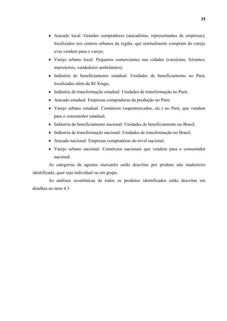 35


           Atacado local: Grandes compradores (atacadistas, representantes de empresas),
           localizados nos centros urbanos da região, que normalmente compram do varejo
           e/ou vendem para o varejo;
           Varejo urbano local: Pequenos comerciantes nas cidades (varejistas, feirantes,
           marreteiros, vendedores ambulantes);
           Indústria de beneficiamento estadual: Unidades de beneficiamento no Pará,
           localizadas além da RI Xingu;
           Indústria de transformação estadual: Unidades de transformação no Pará;
           Atacado estadual: Empresas compradoras da produção no Pará;
           Varejo urbano estadual: Comércios (supermercados, etc.) no Pará, que vendem
           para o consumidor estadual;
           Indústria de beneficiamento nacional: Unidades de beneficiamento no Brasil;
           Indústria de transformação nacional: Unidades de transformação no Brasil;
           Atacado nacional: Empresas compradoras do nível nacional;
           Varejo urbano nacional: Comércios nacionais que vendem para o consumidor
           nacional.
        As categorias de agentes mercantis estão descritas por produto não madeireiro
identificado, quer seja individual ou em grupo.
        As análises econômicas de todos os produtos identificados estão descritas em
detalhes no item 4.3.
 