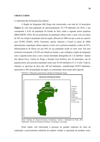 36


4 RESULTADOS

4.1 REGIÃO DE INTEGRAÇÃO XINGU
        A Região de Integração (RI) Xingu está consorciada a um total de 10 municípios
(Figura 1), com uma população de aproximadamente 331.770 habitantes em 2010, o que
corresponde a 4,4% da população do Estado do Pará, sendo a segunda menos populosa
(IBGE/IDESP, 2010). Há um predomínio da população urbana sobre a rural, com um índice
de 54% em relação à população total da região, diferente de 2008 em que a rural era superior
com 55,90% (PARÁ, 2010). Entretanto, apenas Altamira e Uruará (a partir de 2008)
apresentaram a população urbana superior à rural, com a primeira atingindo o índice de 85%,
diferenciando-se de Placas em que 80% da sua população reside no meio rural. Sua área
territorial corresponde a 20,10% em relação ao Estado, o que configura a região de integração
com a segunda maior área e com a menor densidade demográfica de 1,32 hab/Km². Apenas
três (Brasil Novo, Vitória do Xingu e Senador José Porfírio), dos 10 municípios, são de
pequeno porte, pois possuem população menor que 20 mil habitantes (13 a 15 mil). Todavia,
Altamira se aproxima da faixa dos 100 mil habitantes, contabilizando 99.075 habitantes,
equivalente a 30% da população da região, se constituindo, deste modo, pólo regional.
        FIGURA 1- Municípios pertencentes à Região de Integração Xingu.




        Fonte: Instituto de Desenvolvimento Econômico, Social e Ambiental do Pará, 2011.
        Elaboração: Núcleo de Pesquisa Científica, Tecnológica e Inovação.


        Nesta região, está relacionada à presença de grandes empresas do ramo da
exploração e processamento industrial da madeira voltado à exportação de produtos semi-
 