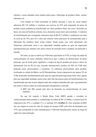 52


utilizam o cacau amêndoa como matéria prima para a fabricação de produtos finais: cremes,
sabonetes, etc.
           Com relação ao VAB constituído no âmbito nacional, o setor de varejo urbano
adicionou R$ 143 milhões e constituiu um mark-up de 43% pela majoração de preço do
produto (cacau amêndoa) já transformado em vários produtos finais, tais como: chocolate em
barra, em caixa de bombons sortidos, licor, chocolate em pó entre outros produtos. A indústria
de transformação, por conseguinte, adicionou mais de R$ 42,7 milhões e estabeleceu um valor
de mark-up de 15%, pois foi o setor que realizou vários processos de automatizados para a
fabricação dos produtos finais acima citados. Sendo assim, este valor adicionado está
fortemente relacionado tanto à sua capacidade instalada quanto ao grau de negociação
(monopsonista) que mantém com outros setores do mercado local e estadual, em particular o
atacado.
           Por tanto, no que se referiu ao VAB total, equivalente ao VTE, ao longo da cadeia de
comercialização do cacau amêndoa, observou-se que a prática da diferenciação de preço
praticado, que de modo geral, significou a compra do Kg do produto por preços a baixo do
determinado fora da RI (ou seja, mercado internacional), resultou em 48% do VAB total,
praticado pelos atravessadores e cerealistas. As indústrias processadoras deste produto,
localizadas no estado da Bahia e na RI Metropolitana, foram responsáveis por apenas 9% do
VAB, propiciado simultaneamente pelo grau de especialização/negociação deste setor, quanto
pela sua capacidade instalada, assim como, pelo fato das poucas ações de beneficiamento e/ou
transformação que este recurso adquiriu antes das compras realizadas pelo setor, que juntamente
por serem os únicos canais de comercialização monopolizam o mercado.
           f) RBT (em R$), gerada pela ótica da demanda, na comercialização do cacau
              amêndoa.

           No que diz respeito à Renda Bruta Total (RBT) gerada e circulada na
comercialização deste produto e, contabilizada na ordem de R$ 1,5 bilhão, o sistema local foi
responsável por 47%, o estadual 1% e o nacional 52% (Gráfico 3). Este montante da RBT
tem sua origem na soma do valor de compra de insumo (VBP, pela ótica da demanda) com
VTE, que corresponde ao valor estimado para o VAB total formado pelos setores ao longo da
cadeia de comercialização.
 