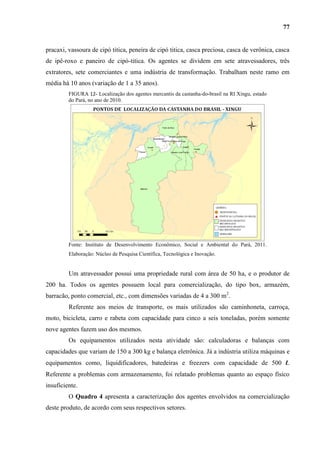 77


pracaxi, vassoura de cipó titica, peneira de cipó titica, casca preciosa, casca de verônica, casca
de ipê-roxo e paneiro de cipó-titica. Os agentes se dividem em sete atravessadores, três
extratores, sete comerciantes e uma indústria de transformação. Trabalham neste ramo em
média há 10 anos (variação de 1 a 35 anos).
         FIGURA 12- Localização dos agentes mercantis da castanha-do-brasil na RI Xingu, estado
         do Pará, no ano de 2010.




         Fonte: Instituto de Desenvolvimento Econômico, Social e Ambiental do Pará, 2011.
         Elaboração: Núcleo de Pesquisa Científica, Tecnológica e Inovação.


         Um atravessador possui uma propriedade rural com área de 50 ha, e o produtor de
200 ha. Todos os agentes possuem local para comercialização, do tipo box, armazém,
barracão, ponto comercial, etc., com dimensões variadas de 4 a 300 m2.
         Referente aos meios de transporte, os mais utilizados são caminhoneta, carroça,
moto, bicicleta, carro e rabeta com capacidade para cinco a seis toneladas, porém somente
nove agentes fazem uso dos mesmos.
         Os equipamentos utilizados nesta atividade são: calculadoras e balanças com
capacidades que variam de 150 a 300 kg e balança eletrônica. Já a indústria utiliza máquinas e
equipamentos como, liquidificadores, batedeiras e freezers com capacidade de 500 l.
Referente a problemas com armazenamento, foi relatado problemas quanto ao espaço físico
insuficiente.
         O Quadro 4 apresenta a caracterização dos agentes envolvidos na comercialização
deste produto, de acordo com seus respectivos setores.
 