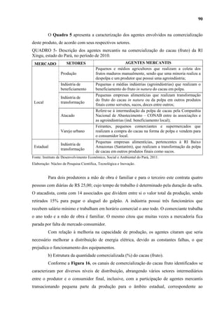 90


          O Quadro 5 apresenta a caracterização dos agentes envolvidos na comercialização
deste produto, de acordo com seus respectivos setores.
QUADRO 5- Descrição dos agentes mercantis na comercialização do cacau (fruto) da RI
Xingu, estado do Pará, no período de 2010.
 MERCADO              SETORES                             AGENTES MERCANTIS
                                        Pequenos e médios agricultores que realizam a coleta dos
                  Produção              frutos maduros manualmente, sendo que uma minoria realiza a
                                        despolpa e um produtor que possui uma agroindústria;
                  Indústria de          Pequenas e médias indústrias (agroindústrias) que realizam o
                  beneficiamento        beneficiamento do fruto in natura do cacau em polpa.
                                        Pequenas empresas alimentícias que realizam transformação
                  Indústria de
                                        do fruto do cacau in natura ou da polpa em outros produtos
 Local            transformação
                                        finais como sorvetes, sucos, doces entre outros;
                                        Refere-se à intermediação da polpa de cacau pela Companhia
                  Atacado               Nacional de Abastecimento – CONAB entre às associações e
                                        as agroindústrias (ind. beneficiamento local);
                                        Feirantes, pequenos comerciantes e supermercados que
                  Varejo urbano         realizam a compra do cacau na forma de polpa e vendem para
                                        o consumidor local.
                                        Pequenas empresas alimentícias, pertencentes à RI Baixo
                  Indústria de
 Estadual                               Amazonas (Santarém), que realizam a transformação da polpa
                  transformação
                                        de cacau em outros produtos finais como sucos.
Fonte: Instituto de Desenvolvimento Econômico, Social e Ambiental do Pará, 2011.
Elaboração: Núcleo de Pesquisa Científica, Tecnológica e Inovação.


          Para dois produtores a mão de obra é familiar e para o terceiro este contrata quatro
pessoas com diárias de R$ 25,00; cujo tempo de trabalho é determinado pela duração da safra.
O atacadista, conta com 14 associados que dividem entre si o valor total da produção, sendo
retirados 15% para pagar o aluguel do galpão. A indústria possui três funcionários que
recebem salário mínimo e trabalham em horário comercial o ano todo. O comerciante trabalha
o ano todo e a mão de obra é familiar. O mesmo citou que muitas vezes a mercadoria fica
parada por falta de mercado consumidor.
          Com relação à melhoria na capacidade de produção, os agentes citaram que seria
necessário melhorar a distribuição de energia elétrica, devido as constantes falhas, o que
prejudica o funcionamento dos equipamentos.
          b) Estrutura da quantidade comercializada (%) do cacau (fruto).
          Conforme a Figura 16, os canais de comercialização do cacau fruto identificados se
caracterizam por diversos níveis de distribuição, abrangendo vários setores intermediários
entre o produtor e o consumidor final, inclusive, com a participação de agentes mercantis
transacionando pequena parte da produção para o âmbito estadual, correspondente ao
 
