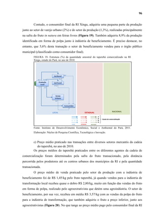 96


        Contudo, o consumidor final da RI Xingu, adquiriu uma pequena parte da produção
junto ao setor de varejo urbano (2%) e do setor da produção (1,3%), realizadas principalmente
na safra do fruto in natura em feiras livres (Figura 19). Também adquiriu 8,9% da produção
identificada em forma de polpa junto à indústria de beneficiamento. É preciso destacar, no
entanto, que 5,6% desta transação o setor de beneficiamento vendeu para o órgão público
municipal (classificado como consumidor final).
                                               Taperebá
        FIGURA 19- Estrutura (%) da quantidade amostral do taperebá comercializado na RI
        Xingu, estado do Pará, no ano de 2010.




                                             8,9
                               Ind.Benef.
                85,7   11,0           76,8
                 Produção
         100%




                               Ind.Transf.
                   Local
                               87,8
                1,3     2,0




                                Varejo
                                Urbano
                                2,0

                                             Consumidor


                              LOCAL                               ESTADUAL                           NACIONAL

                                                                                   1º
                                                                                   2º   Canais de comercialização
                                                                                   3º
                                                                                   4º
                                                     LOCAL   ESTADUAL   NACIONAL


        Fonte: Instituto de Desenvolvimento Econômico, Social e Ambiental do Pará, 2011.
        Elaboração: Núcleo de Pesquisa Científica, Tecnológica e Inovação.


        c) Preço médio praticado nas transações entre diversos setores mercantis da cadeia
           do taperebá, no ano de 2010.
        Os preços médios do taperebá praticados entre os diferentes agentes da cadeia de
comercialização foram determinados pela safra do fruto transacionado, pela distância
percorrida pelos produtores até os centros urbanos dos municípios da RI e pela quantidade
transacionada.
        O preço médio de venda praticado pelo setor da produção com a indústria de
beneficiamento foi de R$ 1,45/kg pelo fruto taperebá, já quando vendeu para a indústria de
transformação local recebeu quase o dobro R$ 2,80/kg, muito em função das vendas do fruto
em forma de polpa, realizado pelo agroextrativista que detém uma agroindústria. O setor de
beneficiamento, por sua vez, recebeu em média R$ 3,57/kg com as vendas da polpa do fruto
para a indústria de transformação, que também adquiriu o fruto a preço inferior, junto aos
agroextrativistas (Figura 20). No que tange ao preço médio pago pelo consumidor final da RI
 
