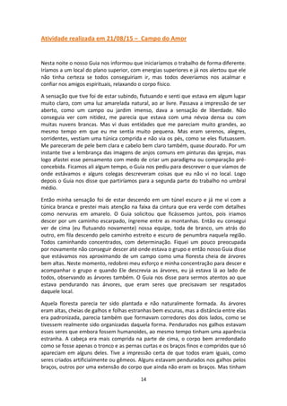 14
Atividade realizada em 21/08/15 – Campo do Amor
Nesta noite o nosso Guia nos informou que iniciaríamos o trabalho de forma diferente.
Iríamos a um local do plano superior, com energias superiores e já nos alertou que ele
não tinha certeza se todos conseguiriam ir, mas todos deveríamos nos acalmar e
confiar nos amigos espirituais, relaxando o corpo físico.
A sensação que tive foi de estar subindo, flutuando e senti que estava em algum lugar
muito claro, com uma luz amarelada natural, ao ar livre. Passava a impressão de ser
aberto, como um campo ou jardim imenso, dava a sensação de liberdade. Não
conseguia ver com nitidez, me parecia que estava com uma névoa densa ou com
muitas nuvens brancas. Mas vi duas entidades que me pareciam muito grandes, ao
mesmo tempo em que eu me sentia muito pequena. Mas eram serenos, alegres,
sorridentes, vestiam uma túnica comprida e não via os pés, como se eles flutuassem.
Me pareceram de pele bem clara e cabelo bem claro também, quase dourado. Por um
instante tive a lembrança das imagens de anjos comuns em pinturas das igrejas, mas
logo afastei esse pensamento com medo de criar um paradigma ou comparação pré-
concebida. Ficamos ali algum tempo, o Guia nos pediu para descrever o que víamos de
onde estávamos e alguns colegas descreveram coisas que eu não vi no local. Logo
depois o Guia nos disse que partiríamos para a segunda parte do trabalho no umbral
médio.
Então minha sensação foi de estar descendo em um túnel escuro e já me vi com a
túnica branca e prestei mais atenção na faixa da cintura que era verde com detalhes
como nervuras em amarelo. O Guia solicitou que ficássemos juntos, pois iriamos
descer por um caminho escarpado, íngreme entre as montanhas. Então eu consegui
ver de cima (eu flutuando novamente) nossa equipe, toda de branco, um atrás do
outro, em fila descendo pelo caminho estreito e escuro de penumbra naquela região.
Todos caminhando concentrados, com determinação. Fiquei um pouco preocupada
por novamente não conseguir descer até onde estava o grupo e então nosso Guia disse
que estávamos nos aproximando de um campo como uma floresta cheia de árvores
bem altas. Neste momento, redobrei meu esforço e minha concentração para descer e
acompanhar o grupo e quando Ele descrevia as árvores, eu já estava lá ao lado de
todos, observando as árvores também. O Guia nos disse para sermos atentos ao que
estava pendurando nas árvores, que eram seres que precisavam ser resgatados
daquele local.
Aquela floresta parecia ter sido plantada e não naturalmente formada. As árvores
eram altas, cheias de galhos e folhas estranhas bem escuras, mas a distância entre elas
era padronizada, parecia também que formavam corredores dos dois lados, como se
tivessem realmente sido organizadas daquela forma. Pendurados nos galhos estavam
esses seres que embora fossem humanoides, ao mesmo tempo tinham uma aparência
estranha. A cabeça era mais comprida na parte de cima, o corpo bem arredondado
como se fosse apenas o tronco e as pernas curtas e os braços finos e compridos que só
apareciam em alguns deles. Tive a impressão certa de que todos eram iguais, como
seres criados artificialmente ou gêmeos. Alguns estavam pendurados nos galhos pelos
braços, outros por uma extensão do corpo que ainda não eram os braços. Mas tinham
 