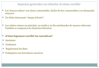 4 
Aspectos generales en relación al cómo escribir 
 Los ‘buenos relatos’ son claros, entretenidos, fáciles de leer, memorables y no demasiado 
extensos. 
 Un título interesante “atrapa al lector”. 
 Los relatos reúnen un principio, un medio y un fin entrelazados de manera coherente. 
También se componen de elementos literarios. 
 ¿Cómo logramos escribir las narrativas? 
 Anotamos 
 Grabamos 
 Registramos las ideas 
 Trabajamos con borradores sucesivos 
 