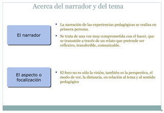 6 
Acerca del narrador y del tema 
 La narración de las experiencias pedagógicas se realiza en 
primera persona. 
 Se trata de una voz muy comprometida con el hacer, que 
se transmite a través de un relato que pretende ser 
reflexivo, transferible, comunicable. 
 El foco no es sólo la visión, también es la perspectiva, el 
modo de ver, la distancia, en relación al tema y al sentido 
pedagógico 
EEll nnaarrrraaddoorr 
El aspecto o 
focalización 
 