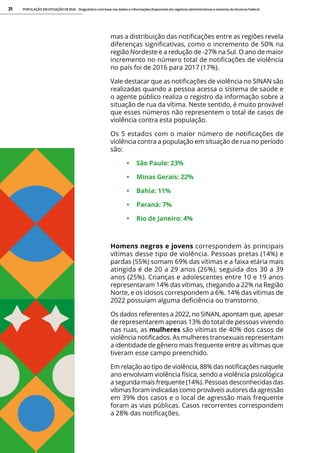POPULAÇÃO EM SITUAÇÃO DE RUA - Diagnóstico com base nos dados e informações disponíveis em registros administrativos e sistemas do Governo Federal
21
mas a distribuição das notificações entre as regiões revela
diferenças significativas, como o incremento de 50% na
região Nordeste e a redução de -27% na Sul. O ano de maior
incremento no número total de notificações de violência
no país foi de 2016 para 2017 (17%).
Vale destacar que as notificações de violência no SINAN são
realizadas quando a pessoa acessa o sistema de saúde e
o agente público realiza o registro da informação sobre a
situação de rua da vítima. Neste sentido, é muito provável
que esses números não representem o total de casos de
violência contra esta população.
Os 5 estados com o maior número de notificações de
violência contra a população em situação de rua no período
são:  
• São Paulo: 23%
• Minas Gerais: 22%
• Bahia: 11%
• Paraná: 7%  
• Rio de Janeiro: 4%
Homens negros e jovens correspondem às principais
vítimas desse tipo de violência. Pessoas pretas (14%) e
pardas (55%) somam 69% das vítimas e a faixa etária mais
atingida é de 20 a 29 anos (26%), seguida dos 30 a 39
anos (25%). Crianças e adolescentes entre 10 e 19 anos
representaram 14% das vítimas, chegando a 22% na Região
Norte, e os idosos correspondem a 6%. 14% das vítimas de
2022 possuíam alguma deficiência ou transtorno.
Os dados referentes a 2022, no SINAN, apontam que, apesar
de representarem apenas 13% do total de pessoas vivendo
nas ruas, as mulheres são vítimas de 40% dos casos de
violência notificados. As mulheres transexuais representam
a identidade de gênero mais frequente entre as vítimas que
tiveram esse campo preenchido.
Em relação ao tipo de violência, 88% das notificações naquele
ano envolviam violência física, sendo a violência psicológica
a segunda mais frequente (14%). Pessoas desconhecidas das
vítimas foram indicadas como prováveis autores da agressão
em 39% dos casos e o local de agressão mais frequente
foram as vias públicas. Casos recorrentes correspondem
a 28% das notificações.
 