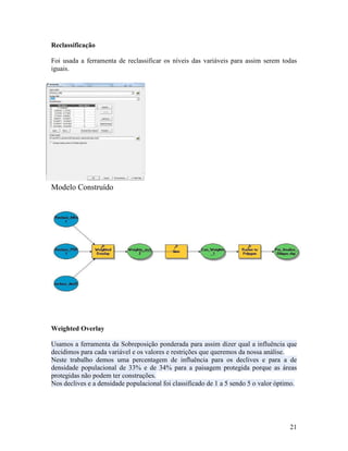 Reclassificação

Foi usada a ferramenta de reclassificar os níveis das variáveis para assim serem todas
iguais.




Modelo Construído




Weighted Overlay

Usamos a ferramenta da Sobreposição ponderada para assim dizer qual a influência que
decidimos para cada variável e os valores e restrições que queremos da nossa análise.
Neste trabalho demos uma percentagem de influência para os declives e para a de
densidade populacional de 33% e de 34% para a paisagem protegida porque as áreas
protegidas não podem ter construções.
Nos declives e a densidade populacional foi classificado de 1 a 5 sendo 5 o valor óptimo.




                                                                                      21
 