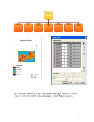 ANALISE FINAL
                                                      RESTRIÇOÕES




  GASODUTO              REN               AREAS         CAMPO        AERODROMO   ALBUFEIRAS    AREAS
                                        IDUSTRIAIS       TIRO                                 URBANAS




Error!
               Weighted Overlay


                                       ²


  Area de Trabalho
  Restrições
  Pouca Aptidão
  Média Aptidão
  Boa Aptidão
                              0 5 10   20 Km
  Óptima Aptidão

                              1:500.000




Neste cenário foi atribuído mais peso a proximidade do rio, pois uma cidade olímpica
precisa de ter nas proximidades locais onde se possa realizar desportos náuticos.




                                                                                                27
 